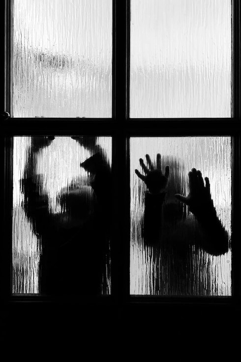 silhouette of children behind a glass door